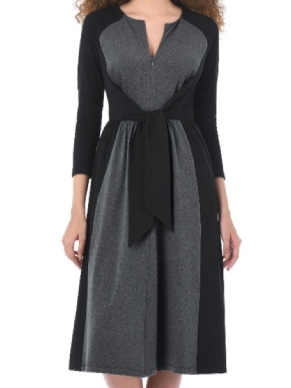 eshakti Black and Gray Colorblock Maxi Dress with Tie Waist